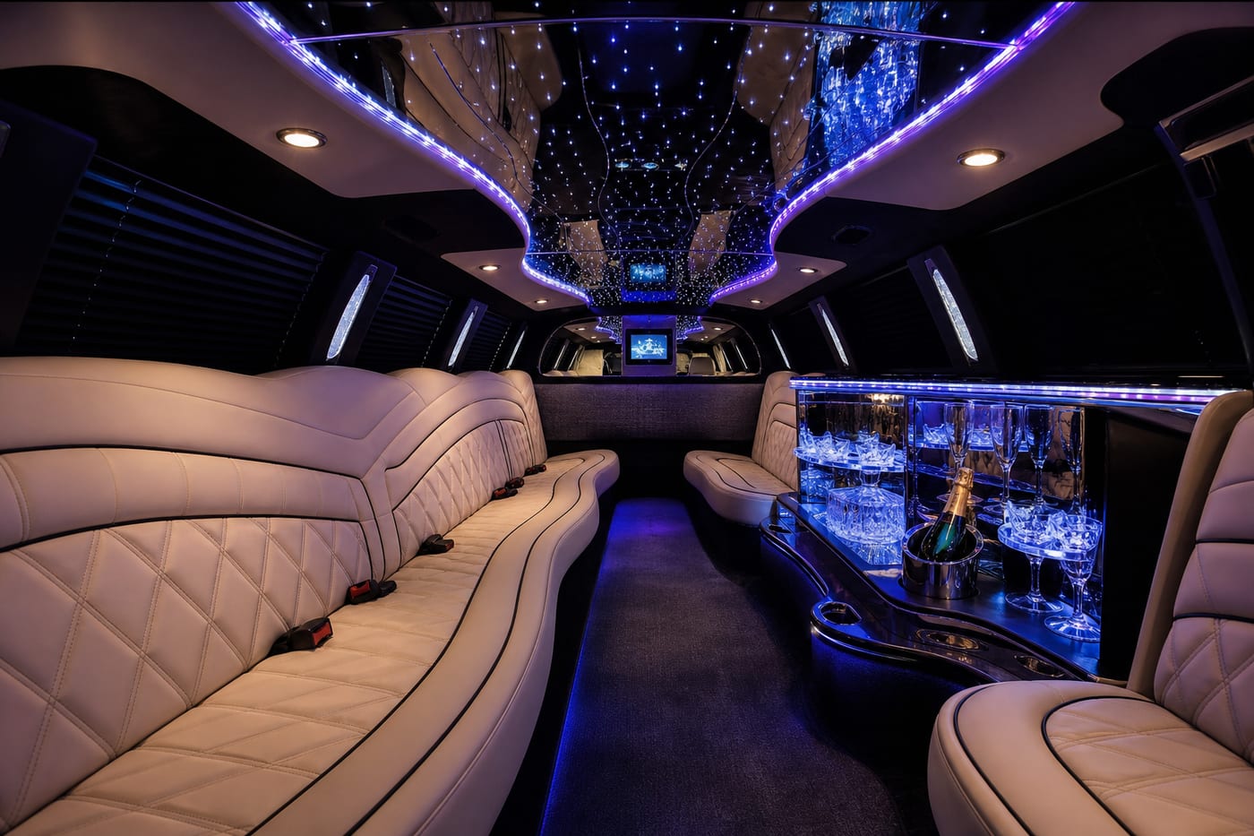 Innenraum einer Limousine mit Deckenbeleuchtung und Bar